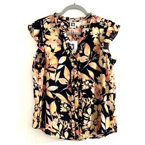 Anne Klein Classic Navy Multi-Color Floral Button up  Blouse Size S NWT MSRP $79